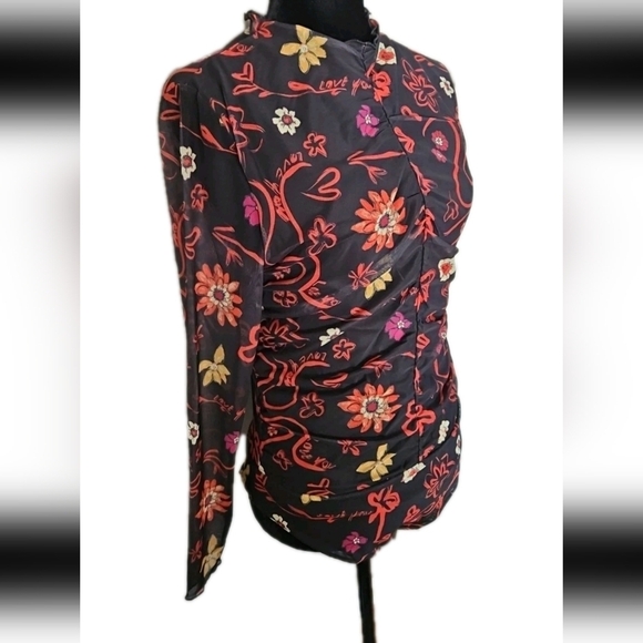 Desigual Womens Tulle Ruched Floral Artistic Long Sleeve Colorful Bodysuit L - Picture 6 of 15